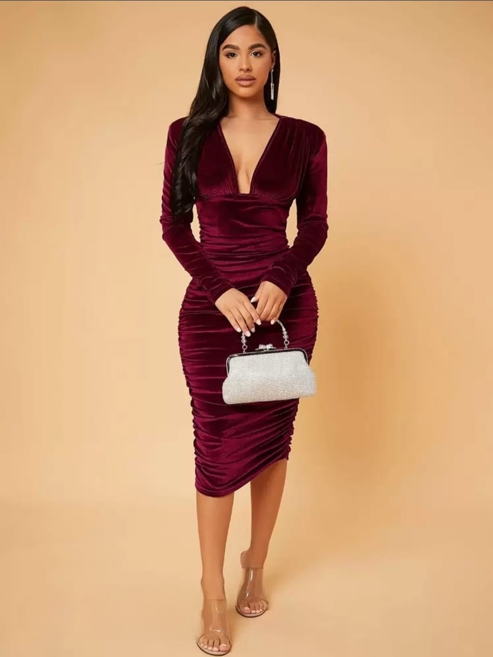 SHEIN SXY Prom Dress;Deep V Neck Ruched Velvet Bodycon Dress